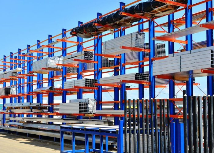 Outdoor cantilever racking with steel materials storage